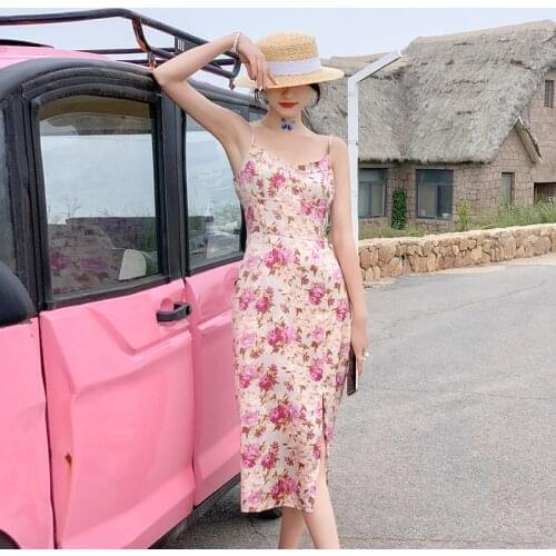 Women Long Floral Bodycon Slip Dress Summer 2021 Runway Backless Boho Vintage Korean Fairy Casual Vacation Party Wrap Dresses