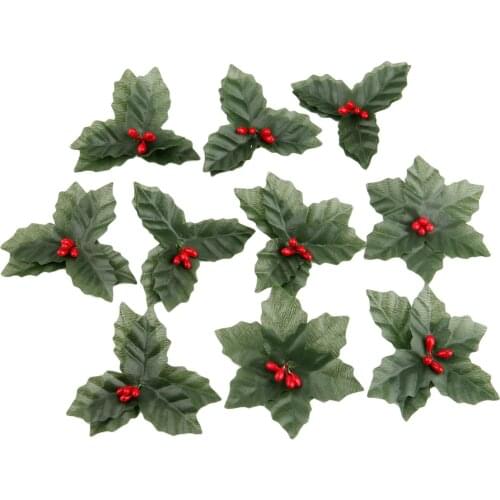 10Pcs Artificial Leaf + Artificial Holly Berries for Wedding Party Home Decoration Christmas Artificial Leaf Flower Silk Leaves