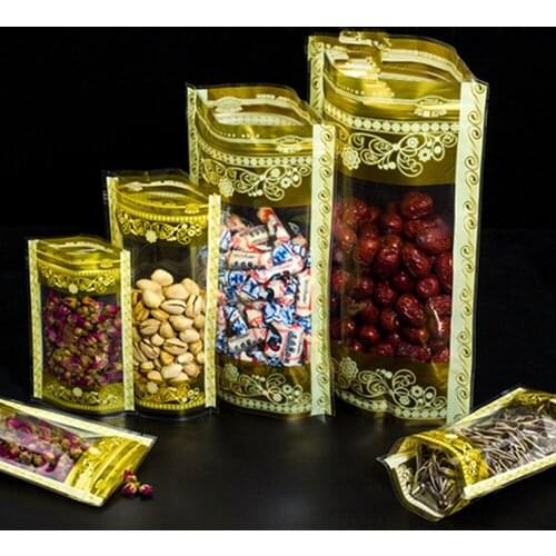 1000Pcs Gold Print Plastic with Clear Window Stand Up Zip Lock Package Bag Zipper Self Seal Dry Flower Dry Meat Nuts Storage Bag