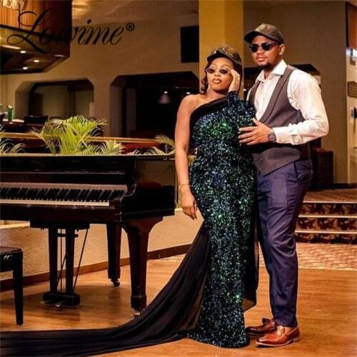 African Prom Dresses Green Sequins Party Gowns 2021 Plus Size Arabic Formal Mermaid Evening Gowns 2021 Custom Made Vestidos