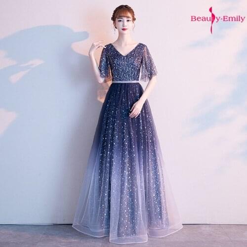 Beauty-Emily V Neck Sequins Half Sleeve Evening Dresses A-line Gradient Color Pleated Floor-length Formal Party Dress 2019 Women