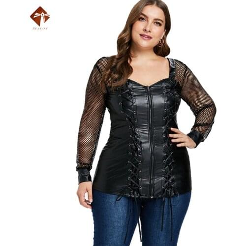 2021 Plus Size Faux PU Leather Blouse Women Elegant Hollow Out Sleeve Lace Up Tie Slim Tight Sexy Blouse Shirt Black Corset Tops