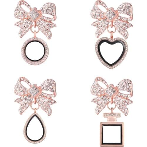 5pcs/lot Rose Golden rhombus bownot Rhinestone Brooches Glass Living Memory Lockets Fit Floating Charms Women jewelry Party Gift