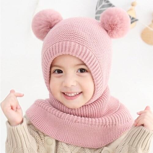 Kids Boys Girls Winter Warm Hooded Scarf Cap Toddler Baby Double Hair Ball Cape Knitted Hat Children Gifts