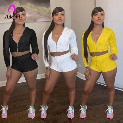 Fitness Women Biker Shorts Set Solid Long Sleeve Hooded Zipper Fly Crop Top + Skinny Shorts Matching Set Autumn Jogger Suits Set