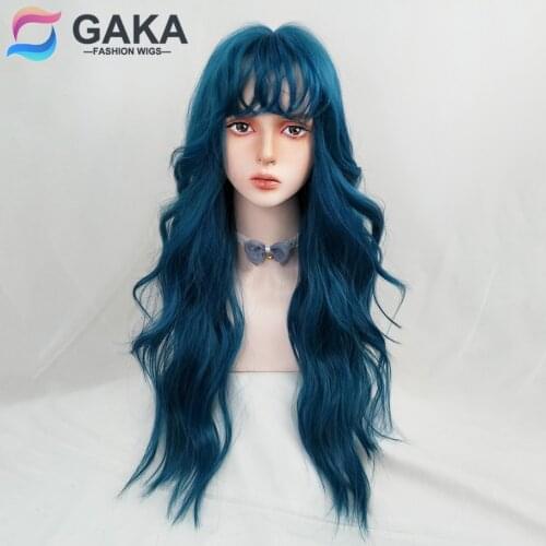 GAKA Women Long Wavy Synthetic Hair blue Wig with Bangs Sweet and Lovely Fluffy High Temperature Blonde Silk