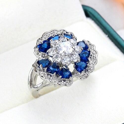 Dainty Female Crystal Flower Big Ring Classic Silver Color Engagement Ring Luxury Blue Zircon Stone Wedding Rings For Women