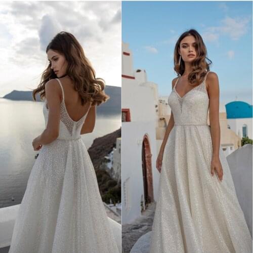 2020 Lace Wedding Dresses Spaghetti Straps Sleeveless A Line Bridal Gowns Custom Made Sexy Backless Sweep Train Wedding Dress