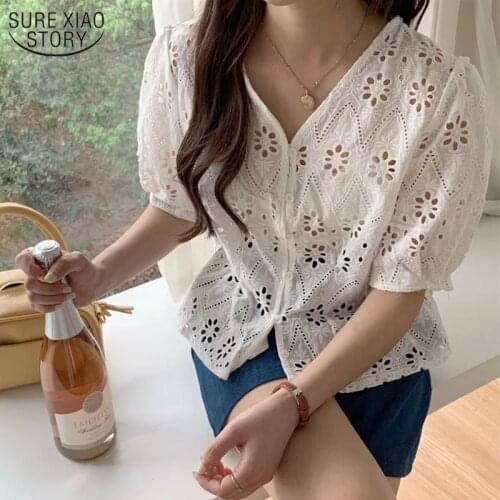 Summer 2021 V-neck White Blouse Buckle Small Sweet Short-sleeved Shirt Womens Hollow Embroidery New Fairy Blusas Mujer 14243