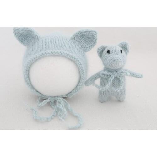 Newborn Fluffly Hat Toy Set Knitted Stuffer Pig Toy Bonnet Crochet Fuzzy hat Baby Cute Animal Doll Nerwborn Photography Prop
