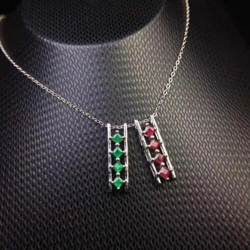 Natural green emerald gem Pendant natural red ruby Pendant Necklace S925 silver Elegant Lovely geometry ladder girl gift Jewelry