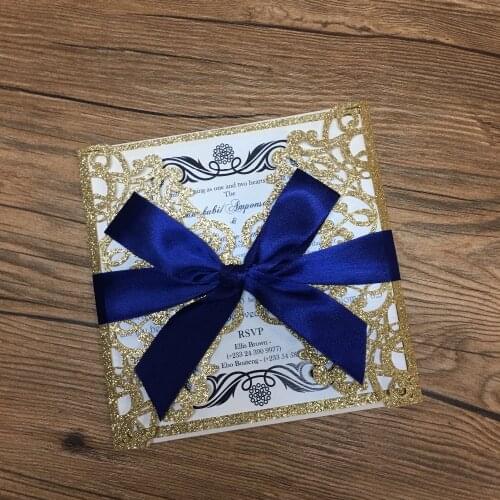 Luxurious glitter invitation cards for wedding laser cut fancy lace invitations greeting card with royal blue ribbon