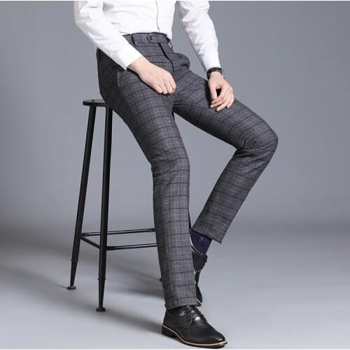 2021 Spring Autumn Luxury Mens Business Office Casual Long Pants Suit Pants Men Formal Wear Wedding Plaid Slim Fit Pants 29-38