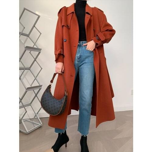 High-end windbreaker epaulette temperament mid-length double-sided cashmere coat woolen coat female Korean version 21 new