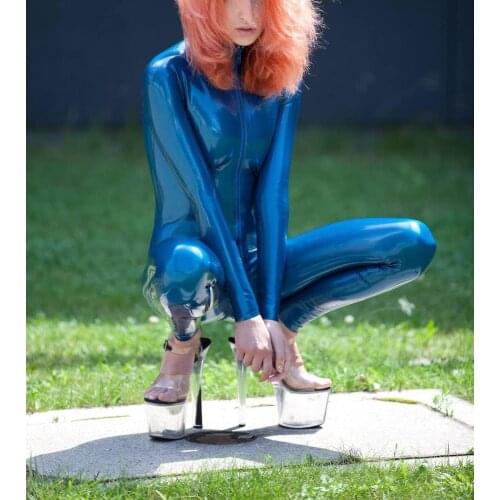 Womens bling pearl blue long sleeve Fetish latex catsuit costume made of 0.4mm thickness natural latex materials