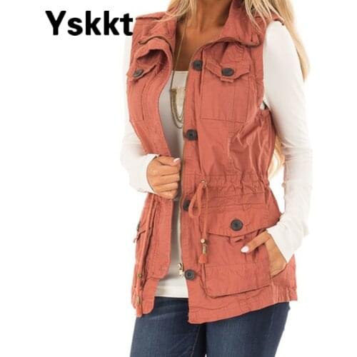 Yskkt Women Jackets Vest Spring Autumn Vinatge Drawsting Slim Fit Solid Sleeveless Zipper Waistcoat Pocket Vest Coats