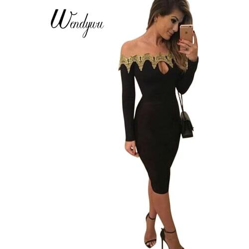 Wendywu New Women Lace Neck Off the Shoulder Long Sleeve Black Knee-Length Pencil Dress