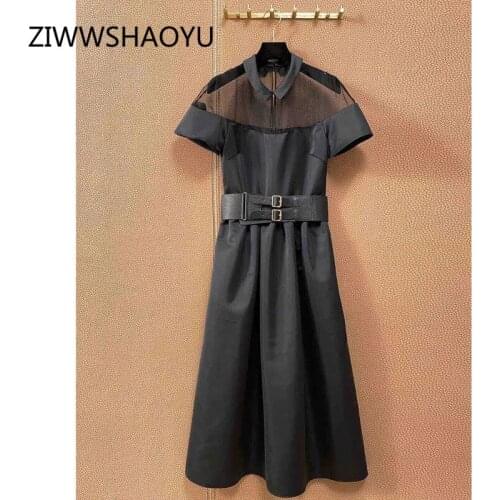 ZIWWSHAOYU 2021 Fashion Runway Spring Summer Party Black Long Dress Women Short Sleeve Girdle Dresses Vestdios