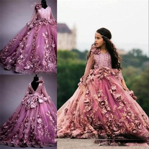 2019 Pink Ball Gown Flower Girl Dresses Long Sleeve Hnad Made Flowers Appliqued Lace Tulle Princess Birthday Party Girl Girl For