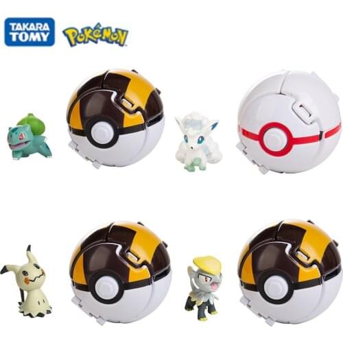 4Pcs/Set Pokemon Elf Ball Pocket Monster Pokeball Deformation Anime Figure Pikachu Bulbasaur Mimikyu Vulpix Pet ​Model Toy Gift