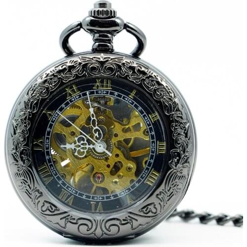 5pc/lot Luxury Cool Men Fashion Watch With Necklace Vintage Steampunk Hand Wind Mechanical Pocket Watch PJX1242