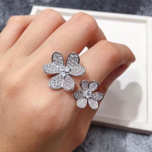 AAA Luxury Fashion Adjustable Free Ring Silver Gold Tone Pave Premium CZ Flower Rings Wedding Jewelry for Women