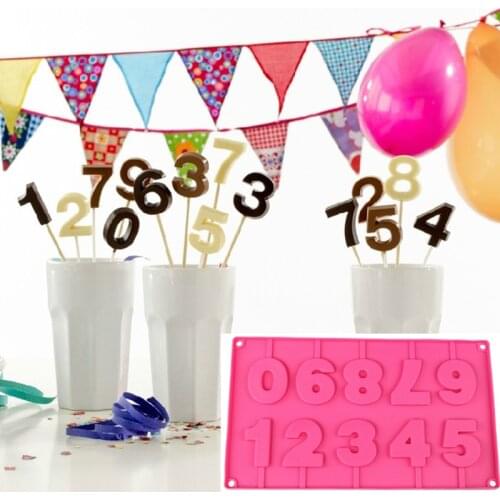 Aomily 0-9 Numbers Lollipop Mold DIY Bakeware Silicone 3D Handmade Pop Sucker Sticks Lolly Candy Chocolate Mold With Stick Shape