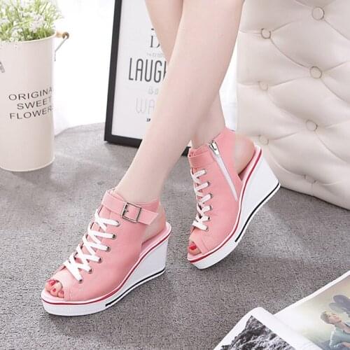 Spring and Summer High-top Canvas Shoes Women Fish Mouth Canvas Sandals Wedge Open Toe Hollow Large Size High Heels