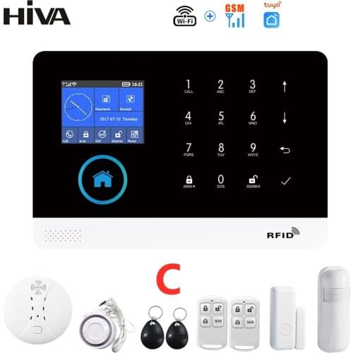 HIVA Wifi GSM Home Alarm System TUYA SmartLife App Control Wireless Burglar Security Alarm Kits with Smoke Detector Door Sensor