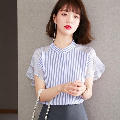 Summer Fashion Women Blouses 2021 Striped Chiffon Blouse Short Sleeve Top Shirt Plus Size Women Tops