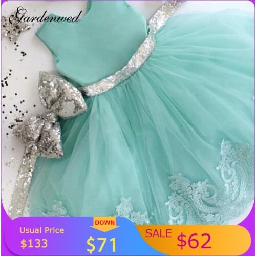 Gardenwed 2020 Cute Puffy Flower Girl Dresses Tulle Baby Sequin Bow Sashes Ball Gown Kid Lace Applique Sleeveless Dress,Vestidos