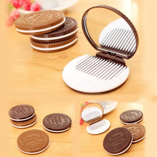 Cute Mini Pocket Chocolate Cookie Portable Makeup Cosmetic Compact Mirror Comb
