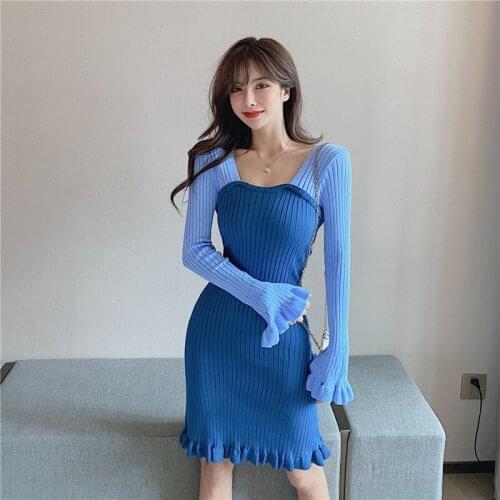 Fashion Sexy Knitted Dress Elegant And Feminine Tight-fitting Stitching Clavicle Bottoming Skirt Fall Clothes For Women