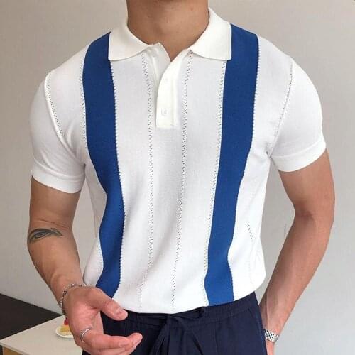 Vintage Pattern Print Patchwork Knit Polo Shirt Men Summer Fashion Men Short Sleeve Slim Polo Shirt Casual Button Lapel Pullover