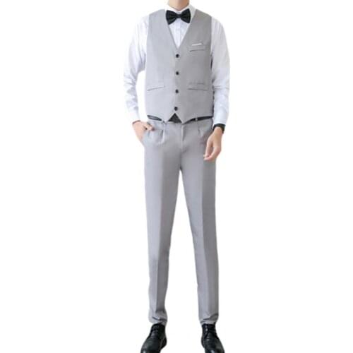 Business Suit Set V Neck Formal Men Solid Color Buttons Vest Shirt Pants for Wedding 3-Piece Suits Slim- Fit Best Suit For Men