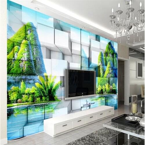 Beibehang Customize any size wallpaper mural photo 3D cube brick wall Green mountains mural wallpaper wall background wallpaper