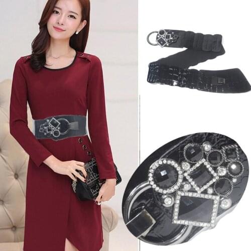 Luxur 2020 New Punk Imitation Leather Elastic Wide Belt Rhinestone Inlaid Buckle Waist Seal Fashion Ladies Waist Seal Bg-1262