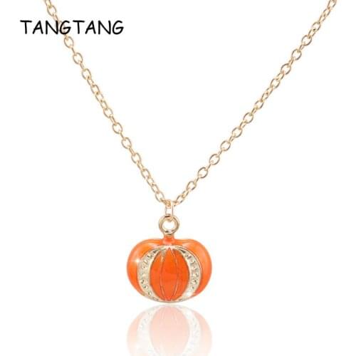 Christmas Party Gifts Shiny Enamel Pumpkin Pendant Necklace For Women Girl Kids Gold Color Rope Link 18" Chain Necklace Colar