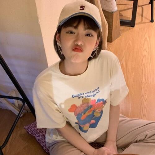 Bear Print Loose Tshirt Womens T-shirts Tops Japanese Kawaii Ladies Ulzzang Female Korean Harajuku Clothes For Women