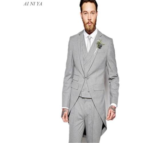 Silver Notched Lapel Groom Suits Tail Coat Three Pockets Groom Tuxedos One Buttons Hot Best Man Suits Blazer(Jacket+Pants+Vest)