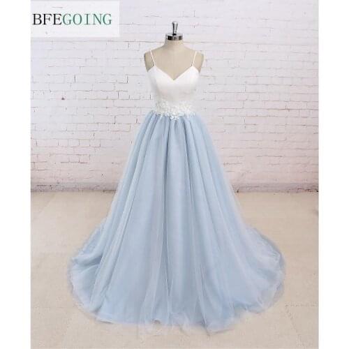 A-line Wedding Dress V-Neck Spaghetti Straps Sleeveless Floor-Length Court Train Real/Original Photos Custom made