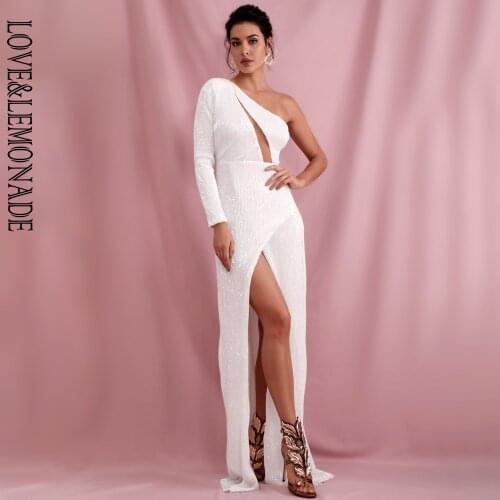 LOVE & LEMONADE Spring White Strapless Single Sleeve Elastic Sequin Split Party Maxi Dress LM82203