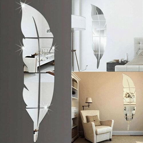 New Fashion 3D Feather Mirror Wall Stickers Hall Bedroom Kitchen Bathroom Use DIY Home Decoration Mirror Wall Stickers