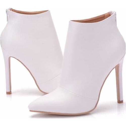 2019 Women Boots Slip On Footwear Zip Ankle Boots White Leather Boots Women Pumps High Heels 11CM Pointed Toe Boots Female Shoes