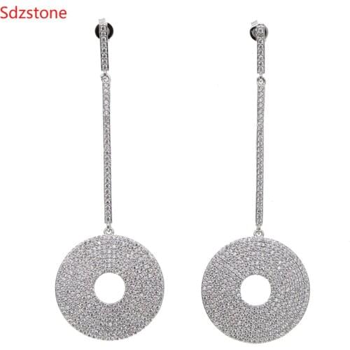 High Quality 21mm Round Cubic Zircon Earrings For Women Ladies Girls CZ Crystals Long Dangle Earrings gold Silver Color Jewelry
