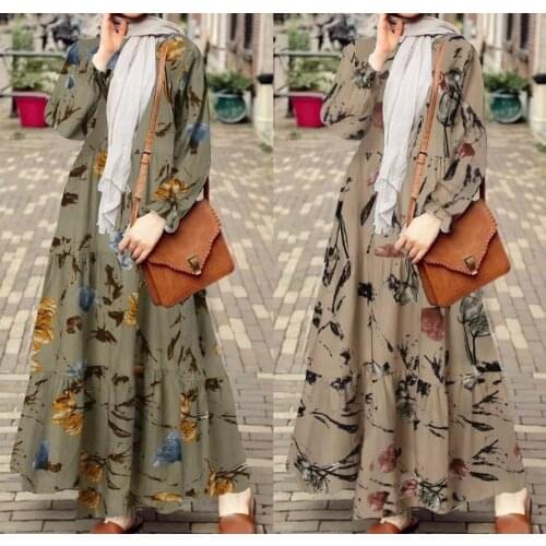 Ladies Pleated Dresses Muslim Fashion Robe Print Maxi Dress 2021 Casual Floral Sleeve Sundress Loose Robe Women Abaya Turkey