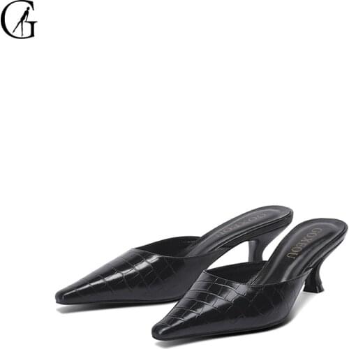 GOXEOU Womens Slippers Black Crocodile Patter Pointed Toe 5 CM Fashion Casual Comfortable Office Lady Sandals Size 35-37