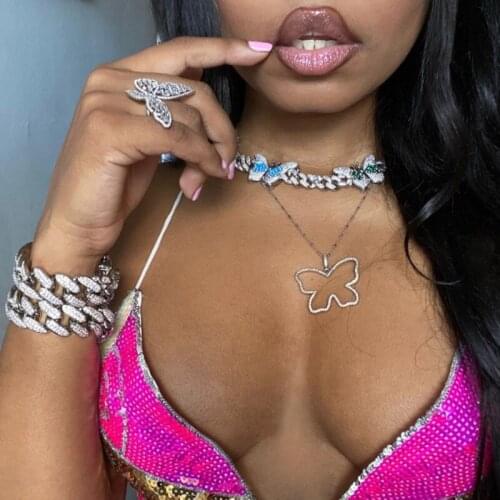 Iced out women cuban choker high quality bling cz enamel butterfly charm big heavey miami cuban chain butterfly ice out necklace