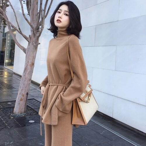 Autumn Winter Tracksuit Women Knitted Two Piece Set Turtleneck Sweater + Wide Leg Pants Suits 2 Piece Sets Womens Outfits Y396