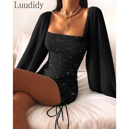 Women Glitter Lantern Sleeve Ruched Bodycon Dress